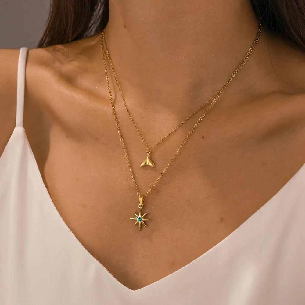 BM Factory Wholesale Fishtail Star Stainless Steel Gold-plated Pendant Double-layer Clavicle Chain Necklace for Women Jewelry