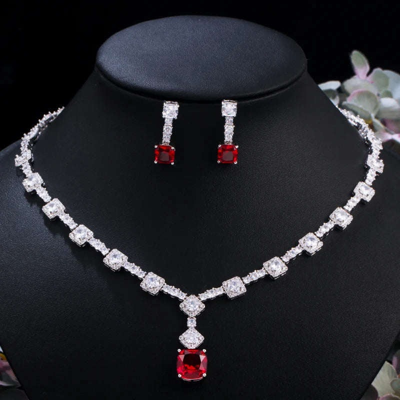 White Gold Plated Sparking Square Red CZ Zirconia Prom Bridal Necklace Earring Wedding Delicate Jewelry Set for Women Accessory