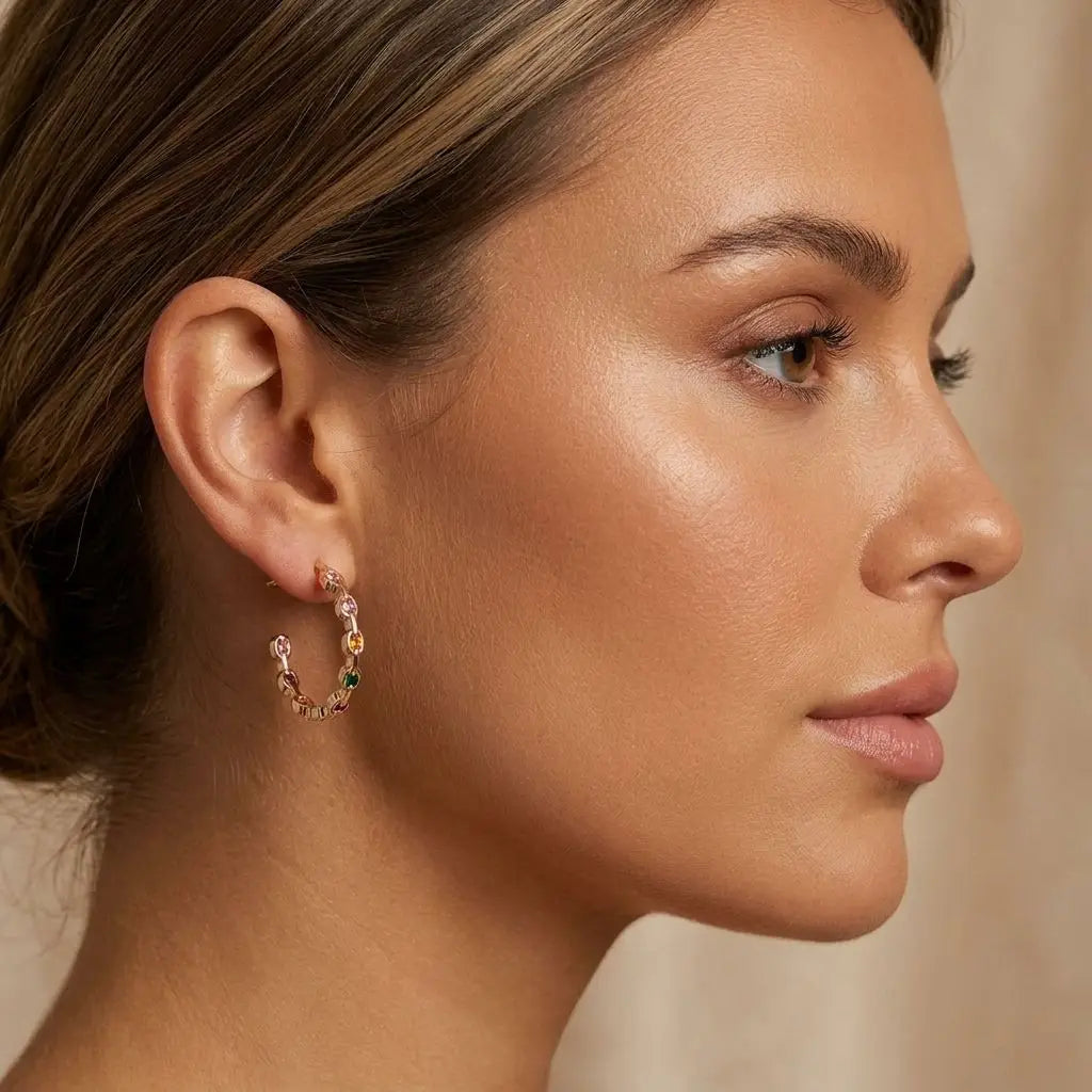 Wholesale Luxury 18K Gold Plated C Shaped Rainbow Stone Hoop Earrings Multi Colored Cubic Zirconia Boho Hypoallergenic Jewelry