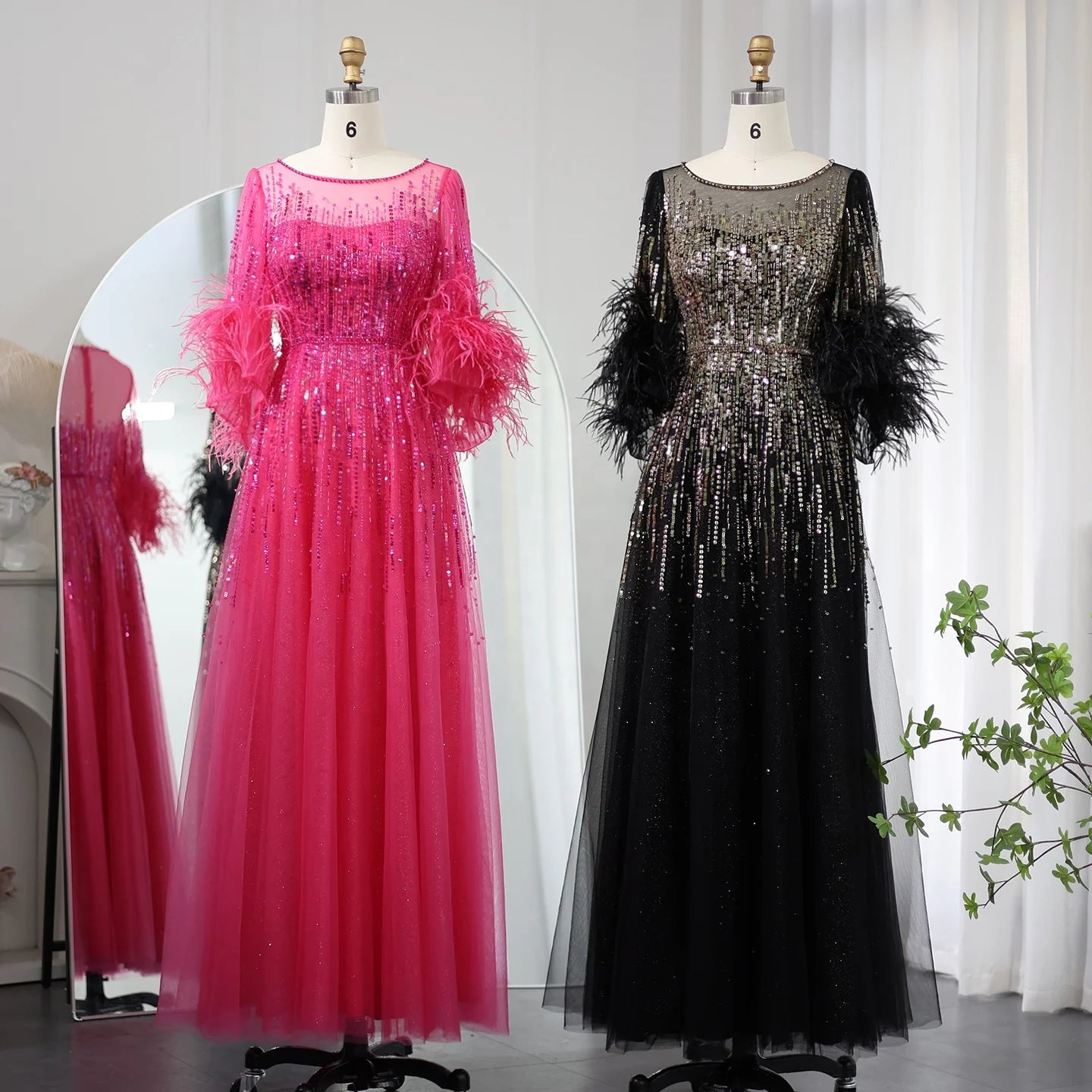 Jancember SZ339 Luxury Shiny Belt Feather Evening Party Formal Gowns Dresses
