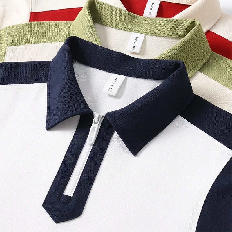 240G Heavyweight Unisex Oversized Color Block Half Zip Polo T Shirt Cotton Blend Breathable Streetwear Casual