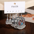 3 Pcs/set Gypsy Vintage Boho Hanging Hook Earrings Floral Design Hollow Ornamental Ethnic Tassel for Women
