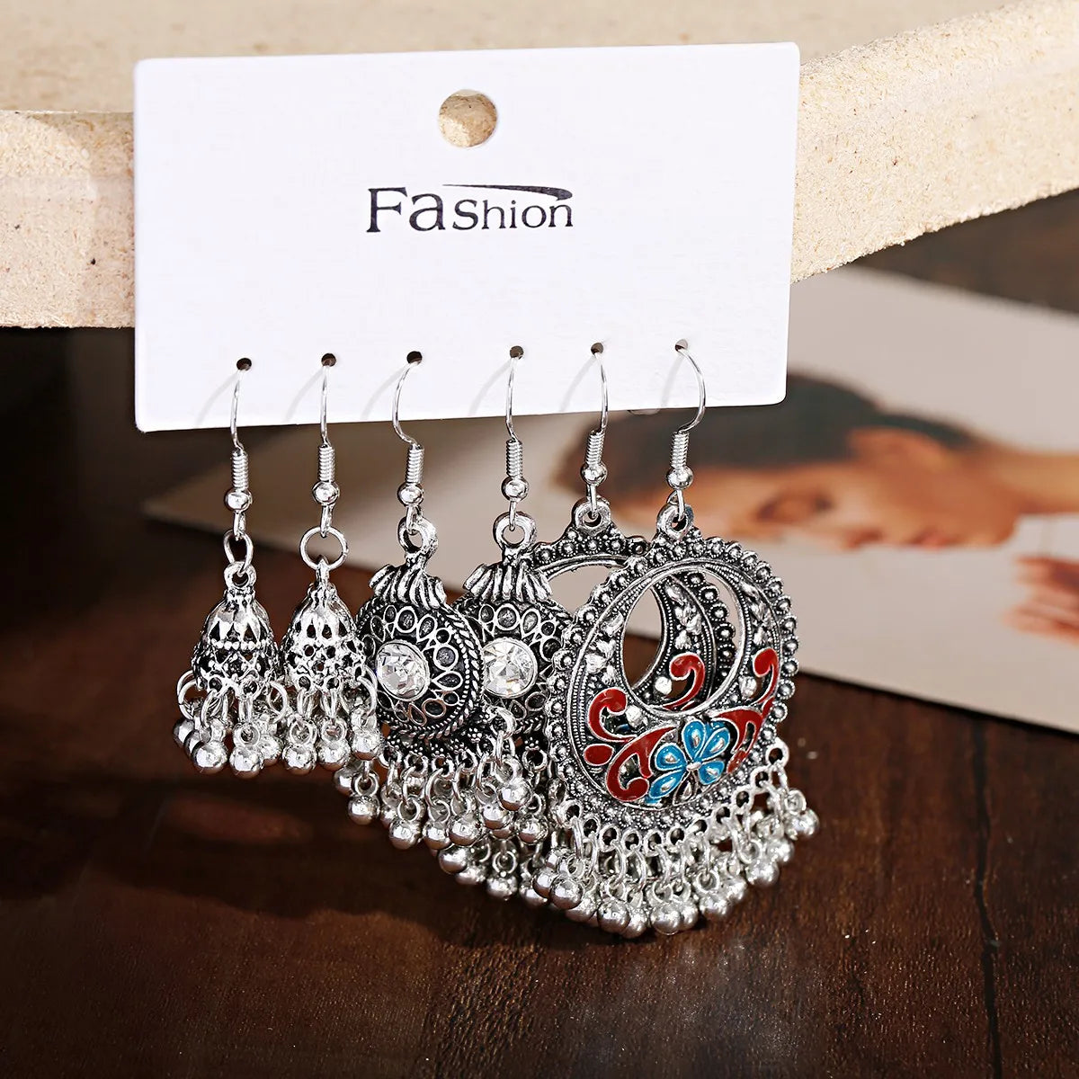 3 Pcs/set Gypsy Vintage Boho Hanging Hook Earrings Floral Design Hollow Ornamental Ethnic Tassel for Women
