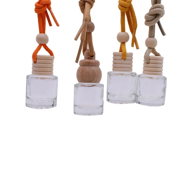 Hot Sale 8ml Empty Glass Car Air Freshener Bottles Hanging Perfume Bottles with Wooden Cap and Ring Screw Cap Sealing
