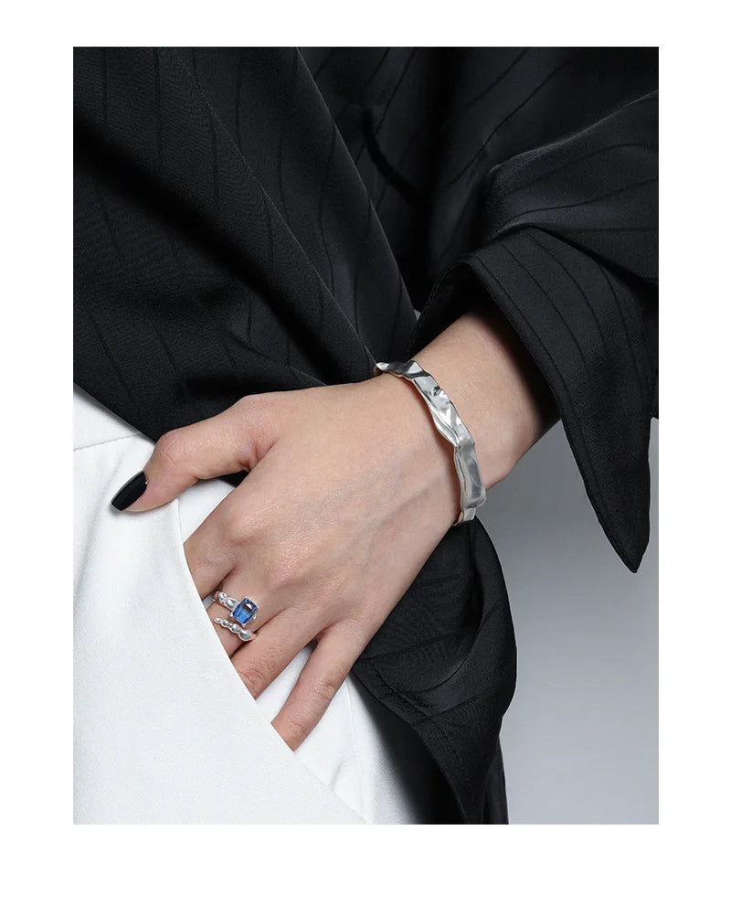 VIANRLA 925 Sterling Silver Bangle Bracelet Dainty 9.5mm Width Angles Jewelry Women Cuff Bracelet