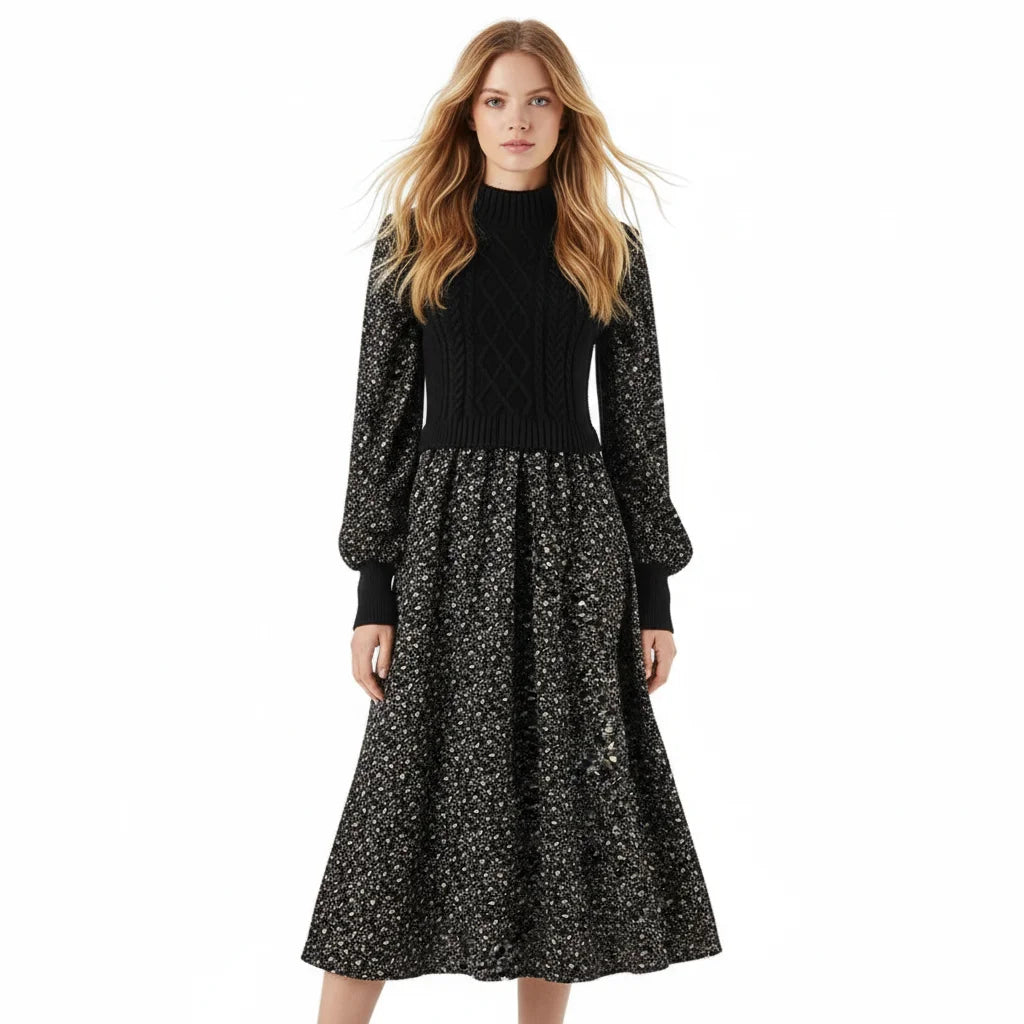 Women's Autumn Winter Sweater Mosaic Floral Fabric Knit Dress Retro Rasual Sweater Splicing Fabric Small Waist Show Knit Dress