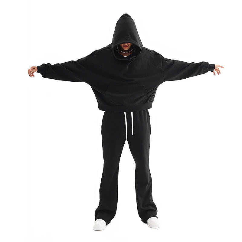 Custom Men Heavyweight Cotton Baggy Sweatshirt Tracksuit Unisex Boxy Cropped Hoodie and Flared Wide Leg Sweatpants Sets