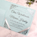 Elegant Power Blue Two Folds Textured Paper Pocket Jacket Clear Acrylic Wedding Invitations with Fixed Ribbon Envelope