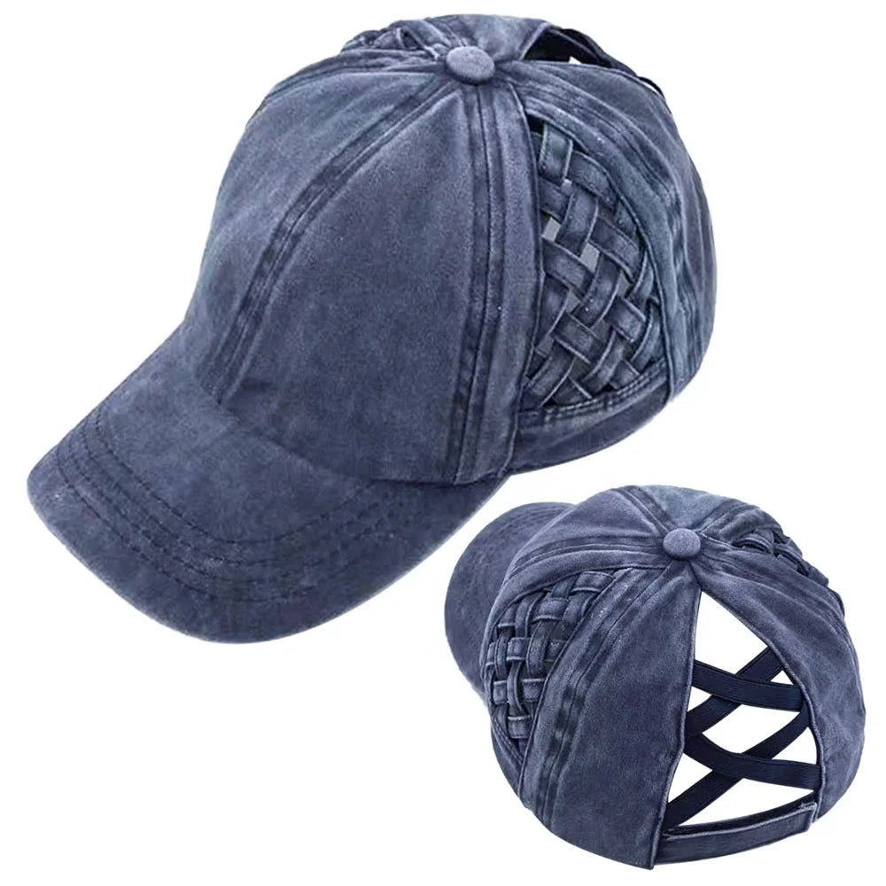 Womens Baseball Hat Distressed Ponytail Messy Bun Trucker Ponytail Hat
