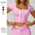 Contrast Color Hemming Yoga Clothes Women V-Neck Quick-Drying T-Shirt Yoga Tops Outdoor Running Fitness Sports Short Sleeves