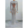 Ocstrade Luxury Evening Dress Sparkly Rhinestone Sequin Evening Dress Mesh Transparent Long Sleeve Fitness Evening Dress
