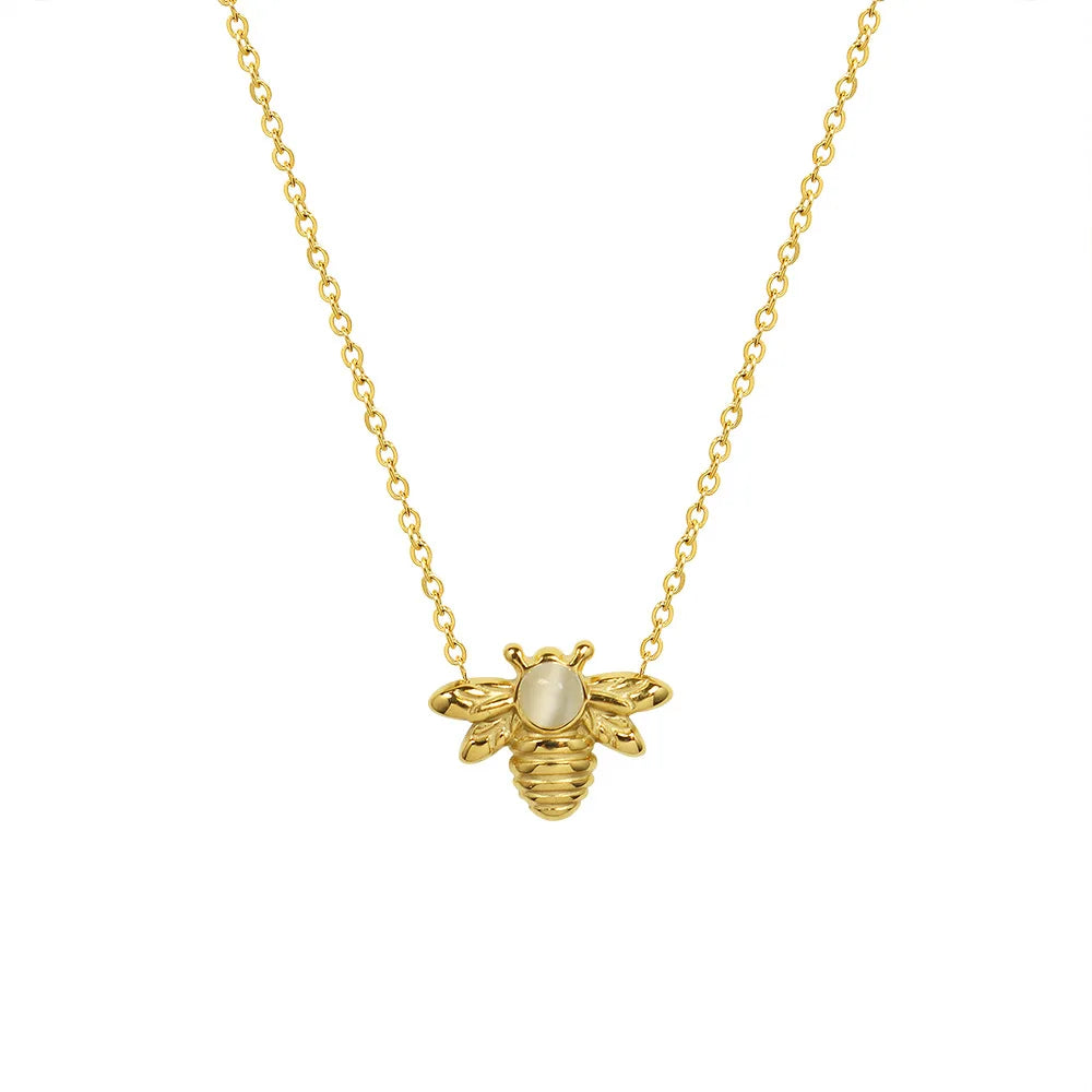 Wholesale Stainless Steel 18K Gold-Plated  Opal Cast Small Bee Pendant  Necklace Jewelry  for Girls Tarnish Free Hypoallergenic