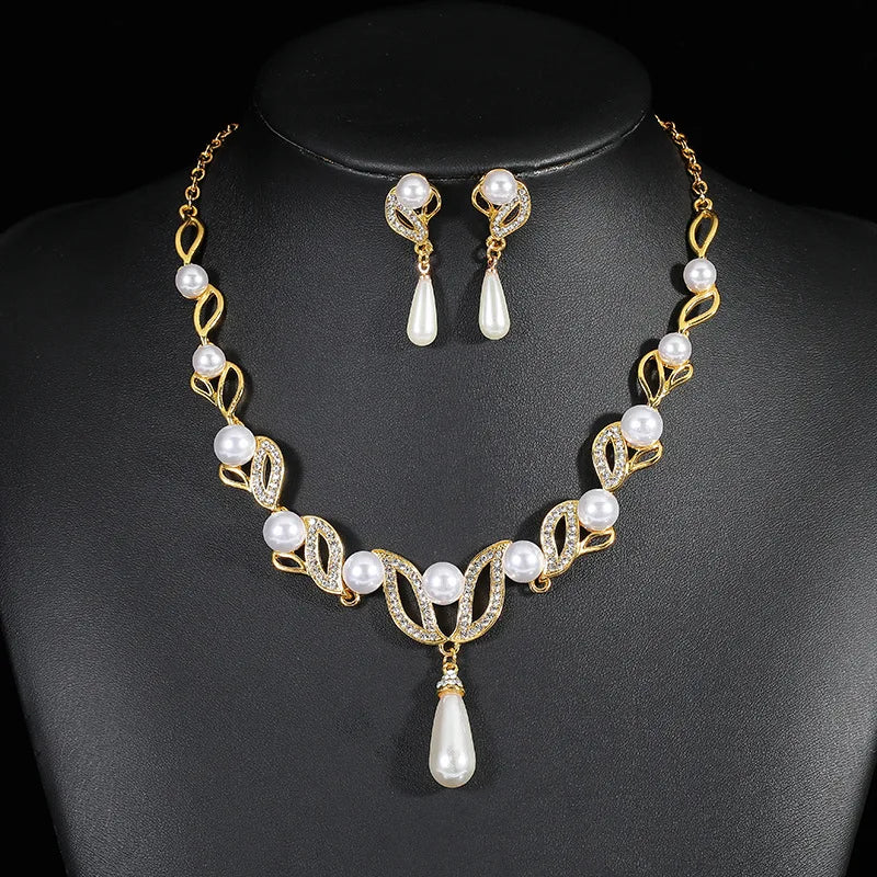 DAIHE Wholesale Fashion Elegant Water Drop Leaf Crystal Pearl Bridal Wedding Necklaces Earrings Jewelry Sets