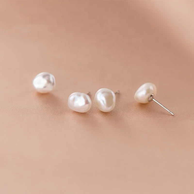 Solid 925 Silver Rhodium Plated AAAA Grade White 8-9mm Freshwater Natural Baroque Pearl Stud Earrings