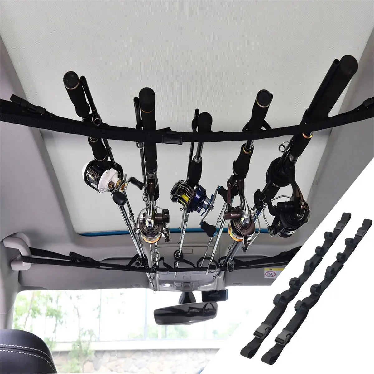 Kongbo Vehicle Fishing Rod Holder 5 Rod Capacity Adjustable Nylon Car Rod Carrier Fishing Pole Rack Belt Strap