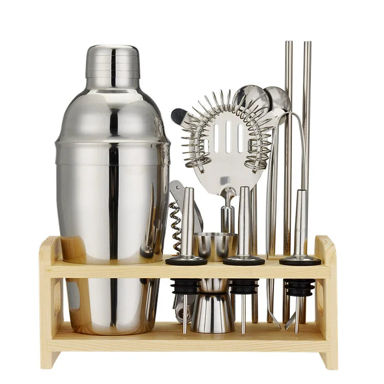 Professional Stainless Steel Cocktail Shaker Set Bartender Kit With Wooden Stand Mixology Bar Tools Gift For Home Party