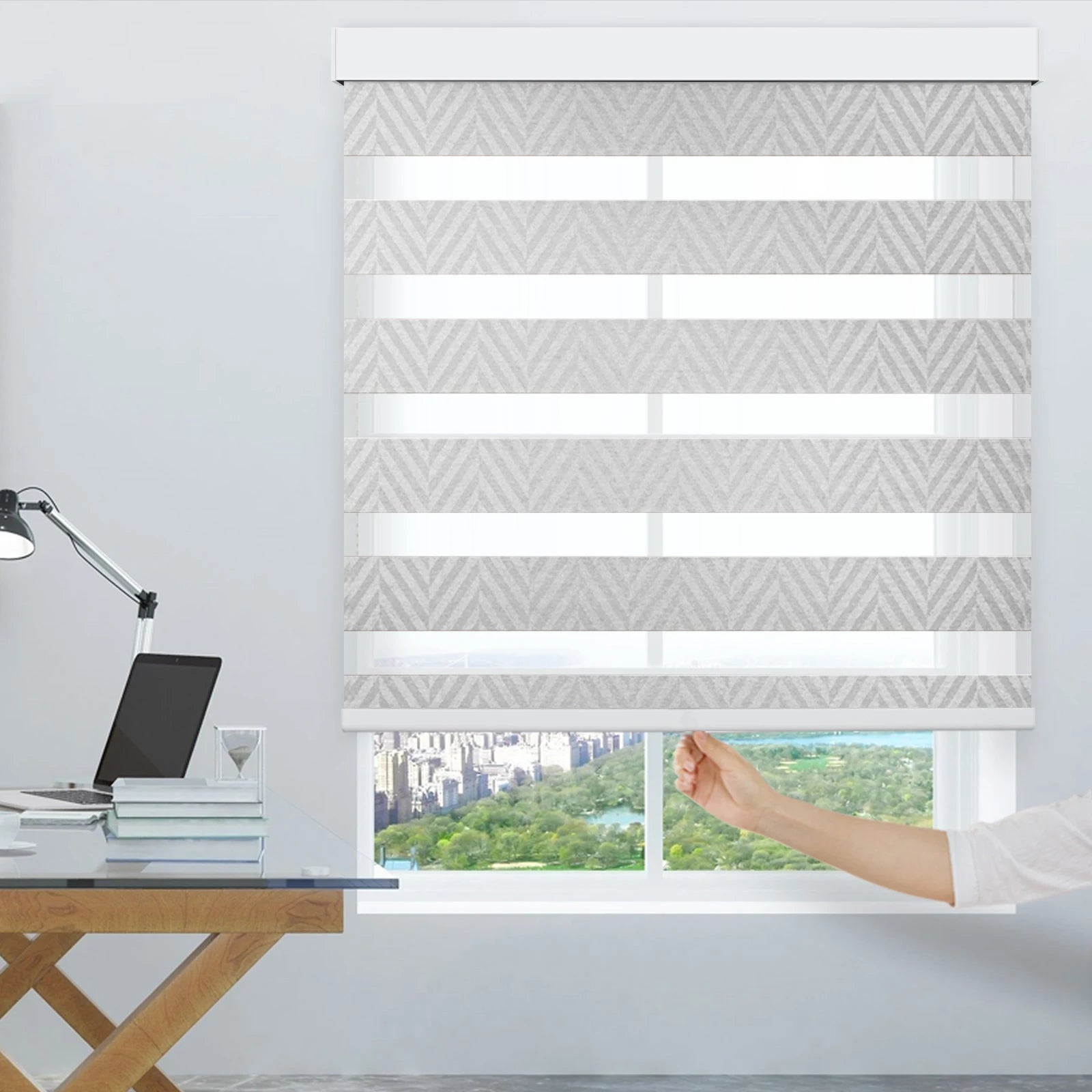 ZSTARR Light Gray Striped Fabric Cordless Safe for Kids and Pets Window Dual-layer Roller Curtains Shades Persianas Zebra Blinds