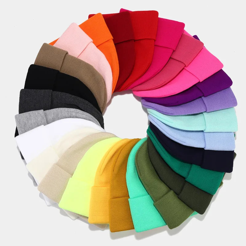 High Quality 70G Winter Warm Solid Color Plain Blank Y2K Custom Logo Acrylic Cuffed Knitted Beanie Hat