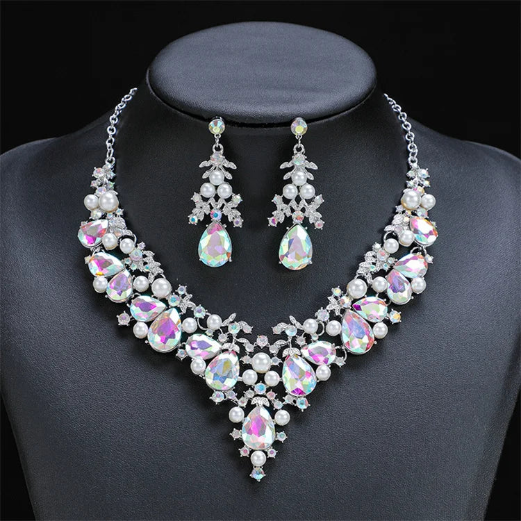 Hot Sale New Fashion Leaf Shape Rhinestone Crystal Pearl Necklace Zirconia Jewelry Set for Women