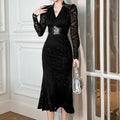 ZYHT 91364 Plus Size Leather Crystal Lace Party Dresses Black Long Dresses Elegant Women Ladies Winter Clothes
