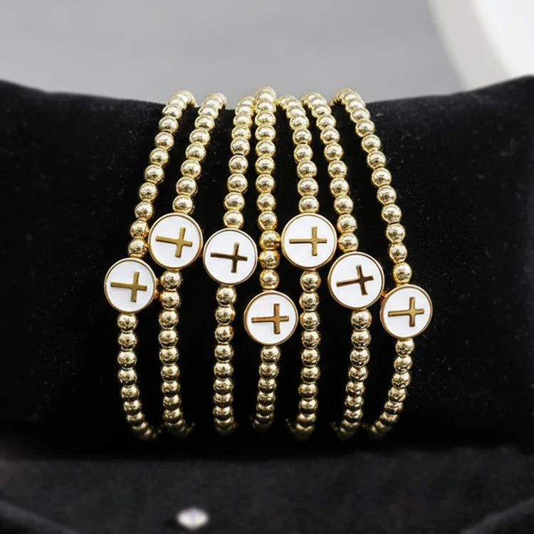 Gold Plated Stackable Cross Beaded Bracelets White Enamel Christian Religious Jewelry Dainty Stretch Bracelets for Women Men