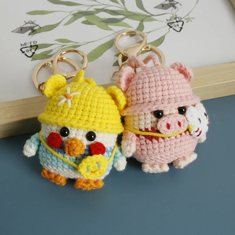 Crochet Hand Woven Animal Pig Doll Keychain Cute Mini Duckling Crochet Keychain Cute Bag Accessories