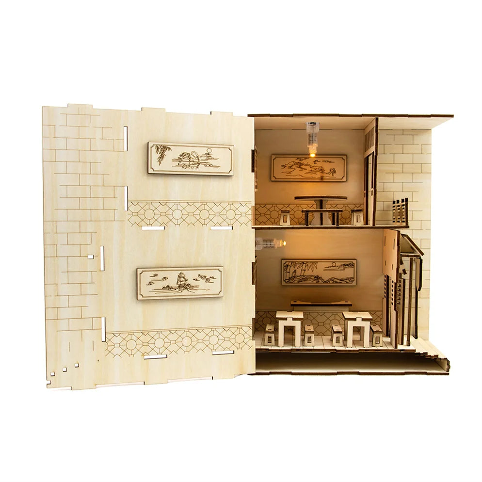 2024 the Latest Laser Cutting Technology 3d Jigsaw Wooden Art Bookcase Small House Bookend Model