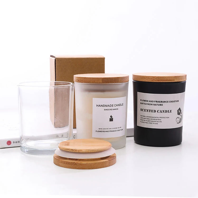 Best Gift 6oz 8oz 10oz 14oz 200ml 300ml Bamboo Wooden Lid Frosted Matte Black Thick Empty Glass Vessels Containers for Candles