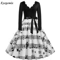 Women Eco-Friendly Washable Long Sleeve Autumn Winter Black Music Note Print V-neck Retro 50s 60s Vintage Sashes Dress