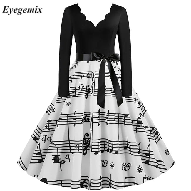 Women Eco-Friendly Washable Long Sleeve Autumn Winter Black Music Note Print V-neck Retro 50s 60s Vintage Sashes Dress
