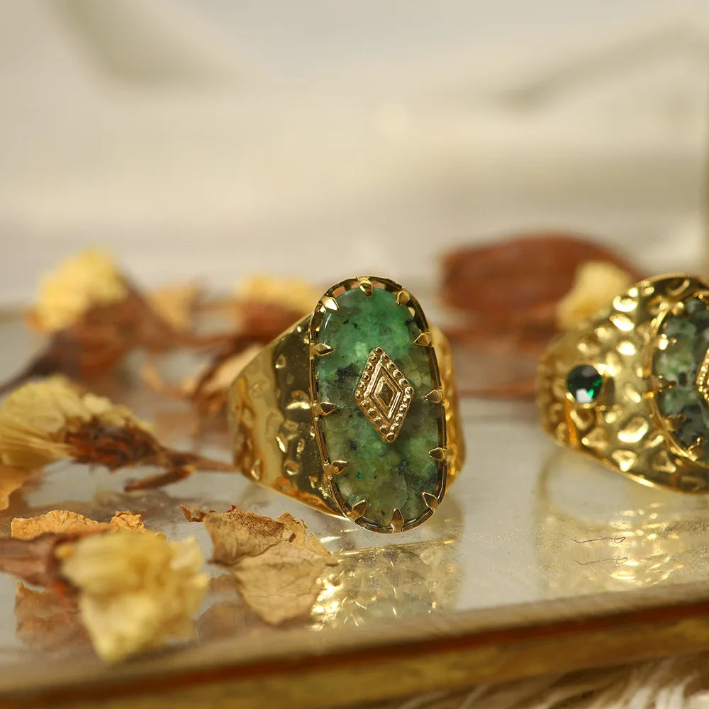 New Arrival Stainless Steel Gold Plated Natural Stone Open Adjustable Chunky Rings for Women