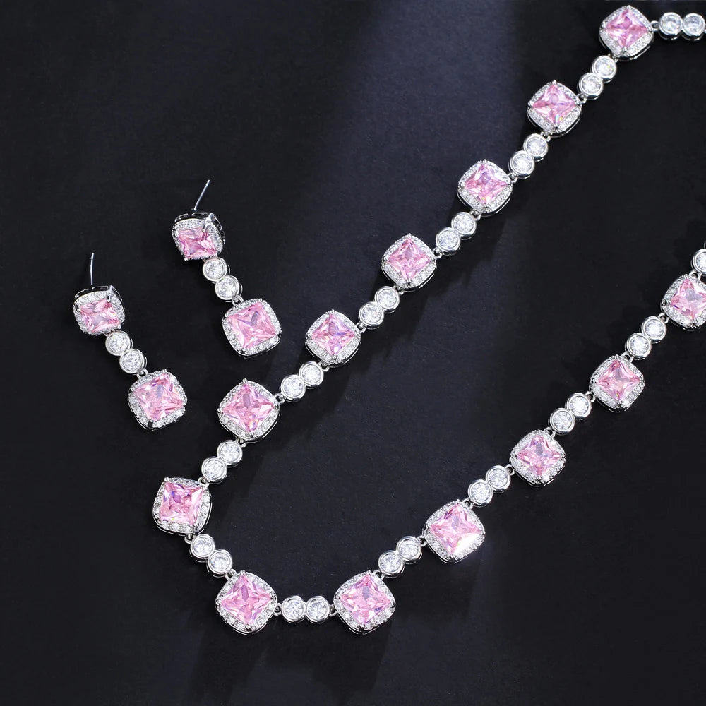 Luxury Jewelry Set Square Cubic Zirconia Necklace and Earring Wedding Bridal Pink Jewelry Sets for Women Party Dress Accessories