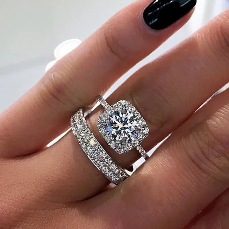 Fashion Fine Jewelry Wedding Bride Copper Material Good Quality Silver New Full Set Zircon Pair Couple Ring