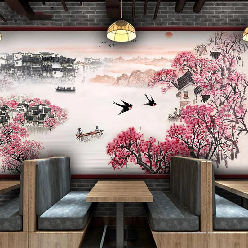 Chinese Ink Landscape Painting Hotel Wallpaper Water Town Background Wallpaper Hot Pot Restaurant Private Room Decoration Mural