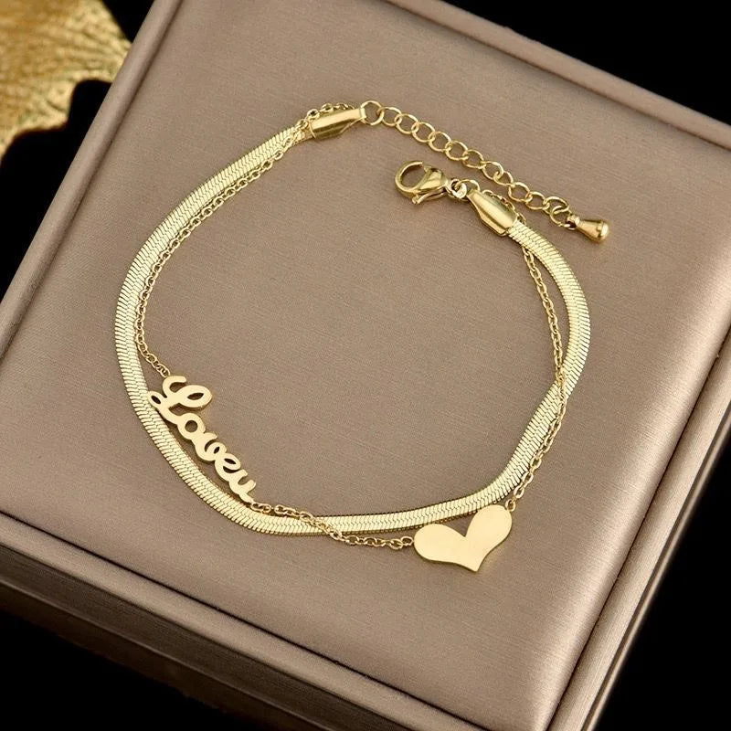 Nabest Waterproof Jewelry Women 18K Gold Plated Heart Charm Bracelets Stainless Steel Layers Lover Bracelet