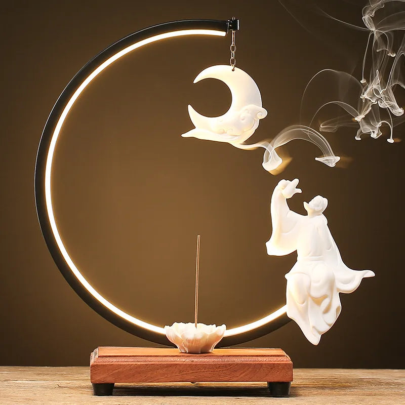 Aromatherapy Home Decor Waterfall Holder Backflow Led Light Ceramic Incense Burner