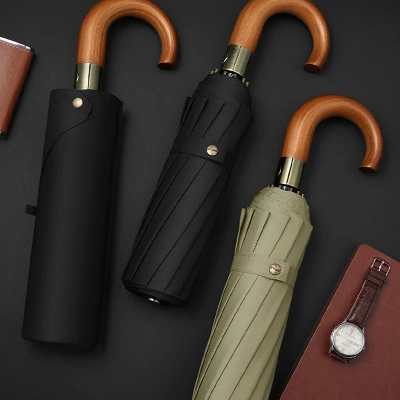 Multicolor Automatic 3-Fold Windproof Umbrella with Wooden Hook Handle Custom Logo Printed Classic Umbrella for Men