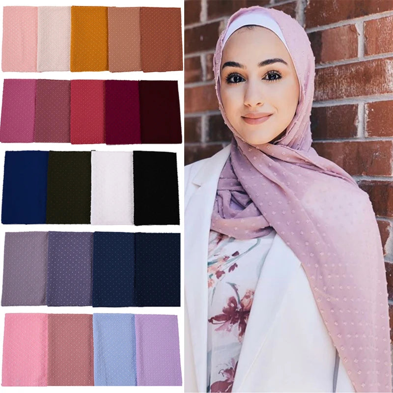 New Wholesale Customize Plain Color Chiffon Ball Pattern Islamic Ladies Headscarf Arab Scarf Shawl Muslim Women Hijabs