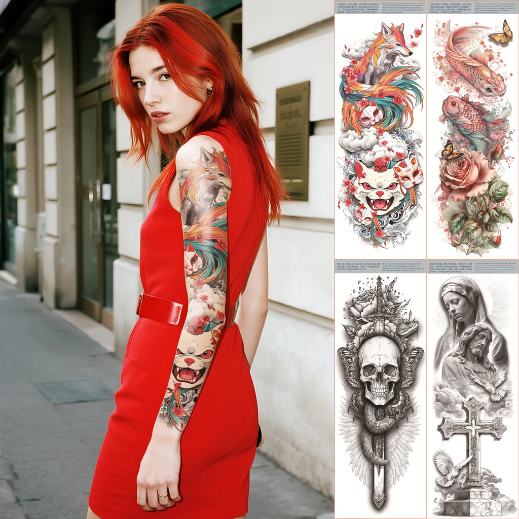 Vibrant Custom Temporary White Paper Water Transfer Tattoos | Full Arm Sleeve Stickers Kit | Fashionable Party Body Art