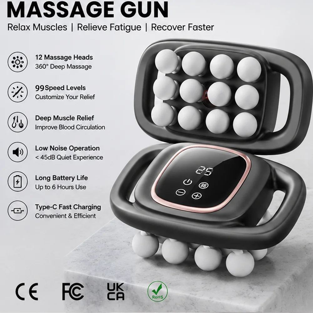 S5-12 Brush Motor Massage Gun with 12 Heads 99 Speed Levels 1800mAh Battery (3-6H) for Body Pain Relief