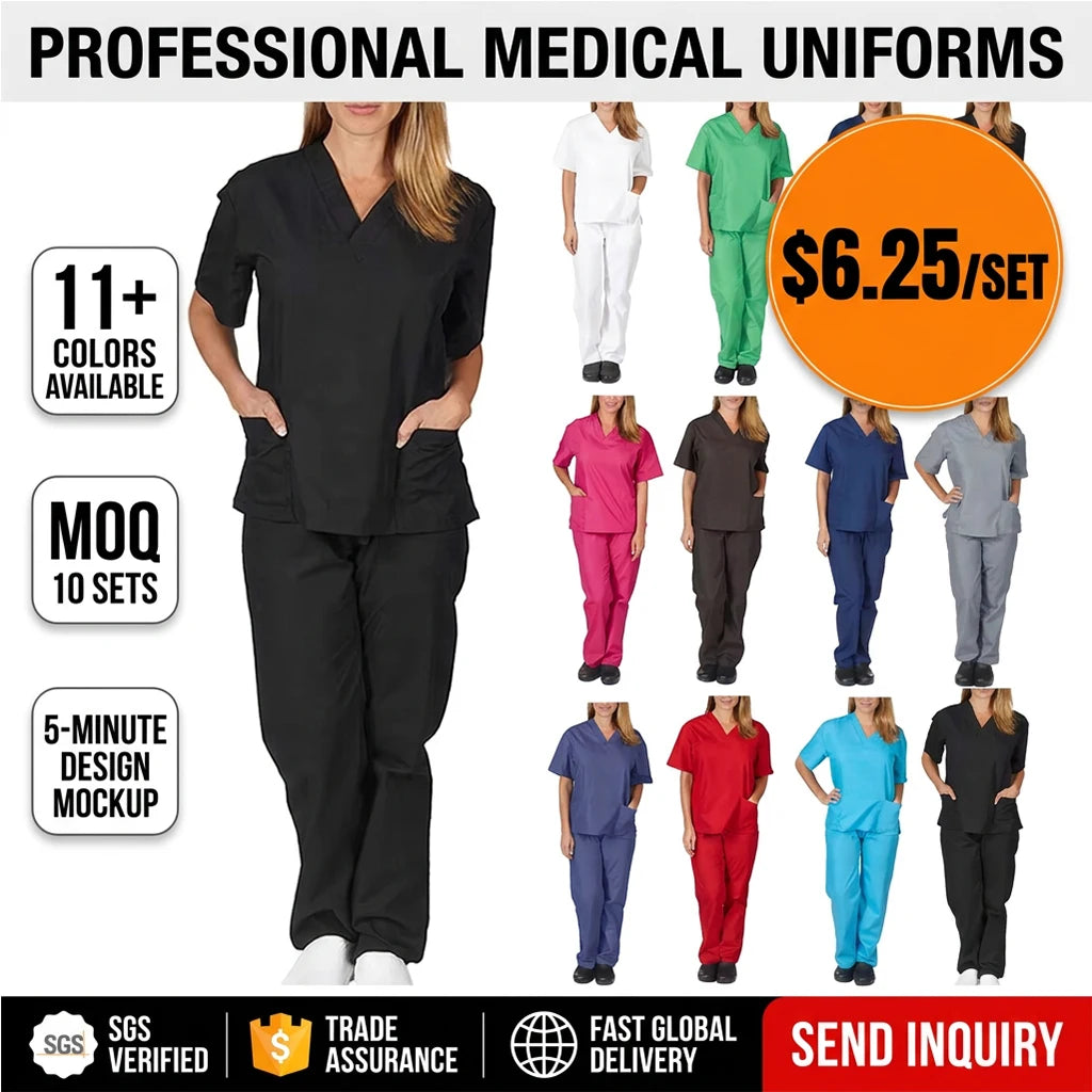 2023 Wholesale New 2 Piece Custom Logo Pocket V-Neck Nursing Work Two Piece Female Jogger Sets Scrubs Uniforms Sets Nurse