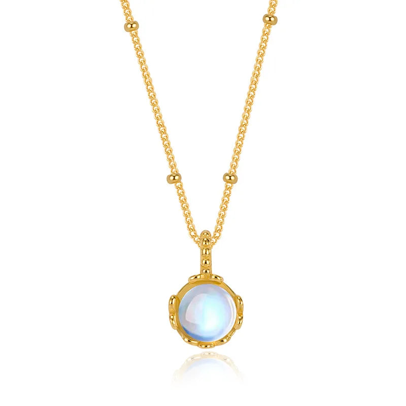 Dainty Girl's Necklace 925 Sterling Silver Gold Plating Moonstone Round Bead Pendant Necklace Wholesale