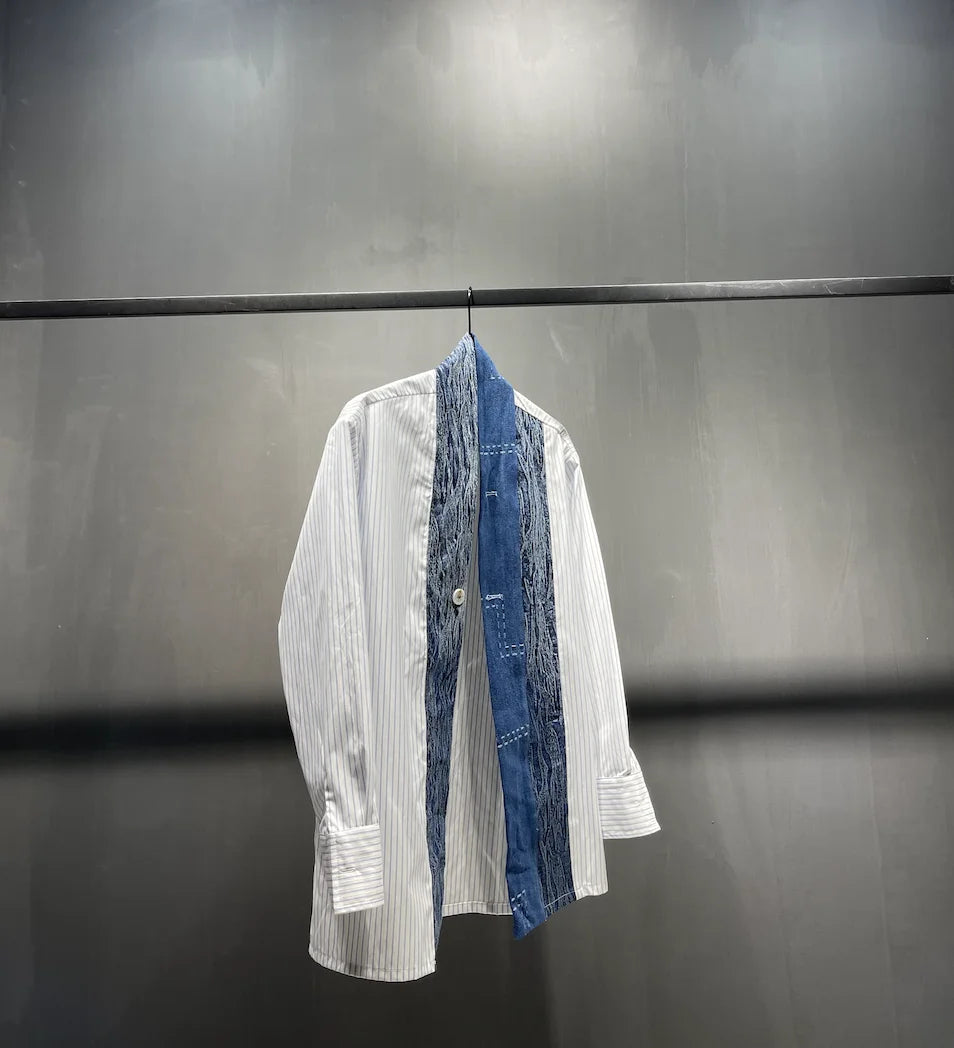 Wholesale 2026 Autumn Original Design 100% Cotton Blue Stripe Spliced Perforated Denim Women's Shirts