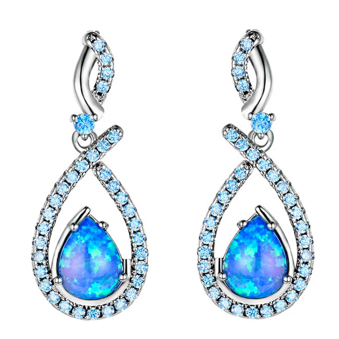 Blue Fire Opal &Cz Drop Earring Solid 925 Sterling Silver Rhodium Plating Australian Opal Jewelry