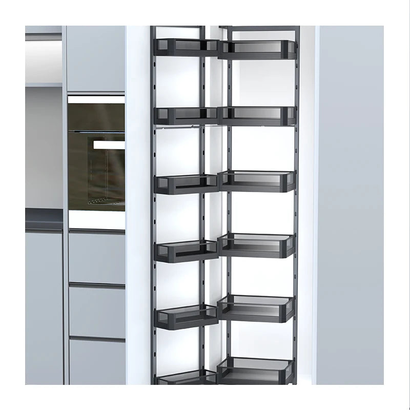 Modern Wooden Multi-Layer Pantry Organizer with Side Out Basket Tall Kitchen Storage Unit for In-Cabinet Installation