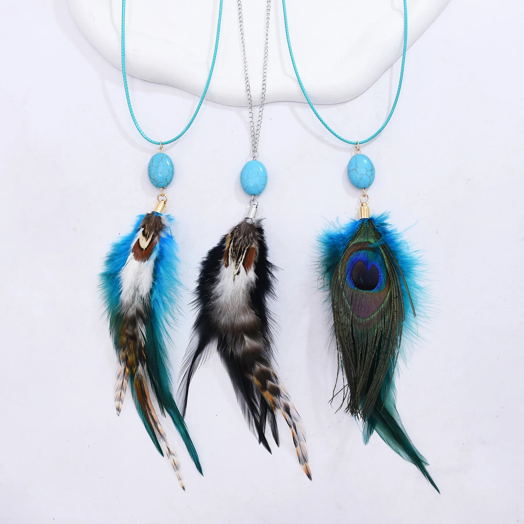 Multilayer Peacock Feather Pendant Necklace Trendy Bohemian Feather Tassel Statement Necklace