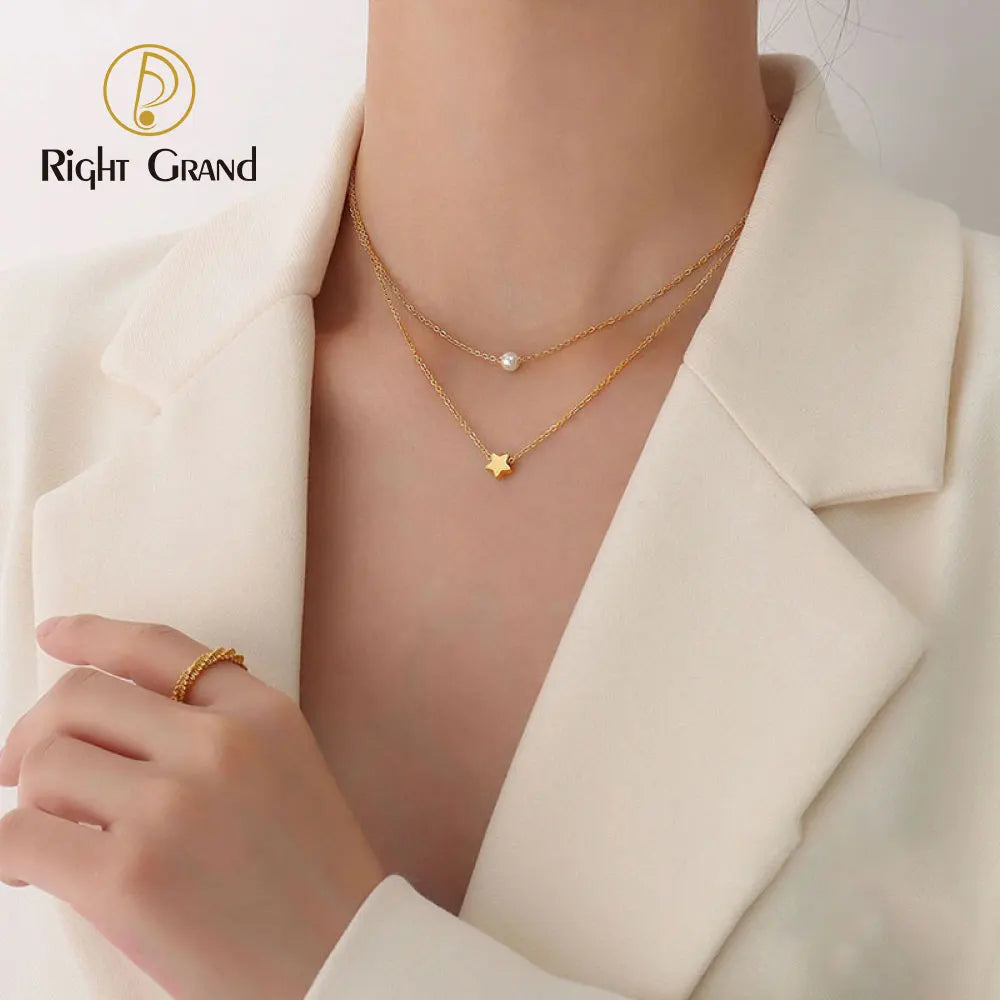 Five-Pointed Star Pendant Imitation Pearl Necklace Double Layer Wear Stainless Steel Clavicle Chain Jewelry Necklace