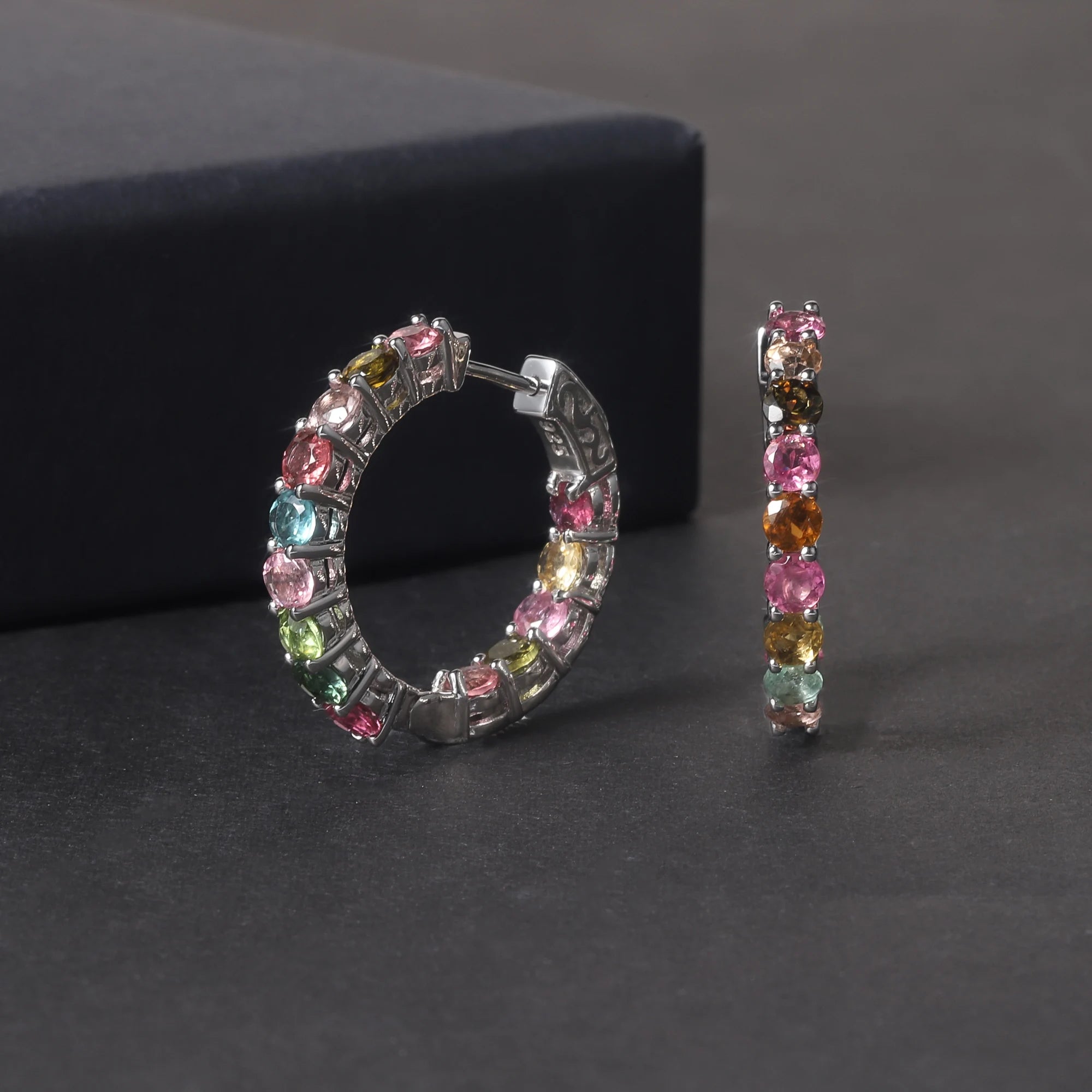 RZ0235 Abiding Fine Jewelry Dainty Inside Outside Style Multi Color 3mm Natural Gemstone 925 Sterling Silver Earrings Hoop