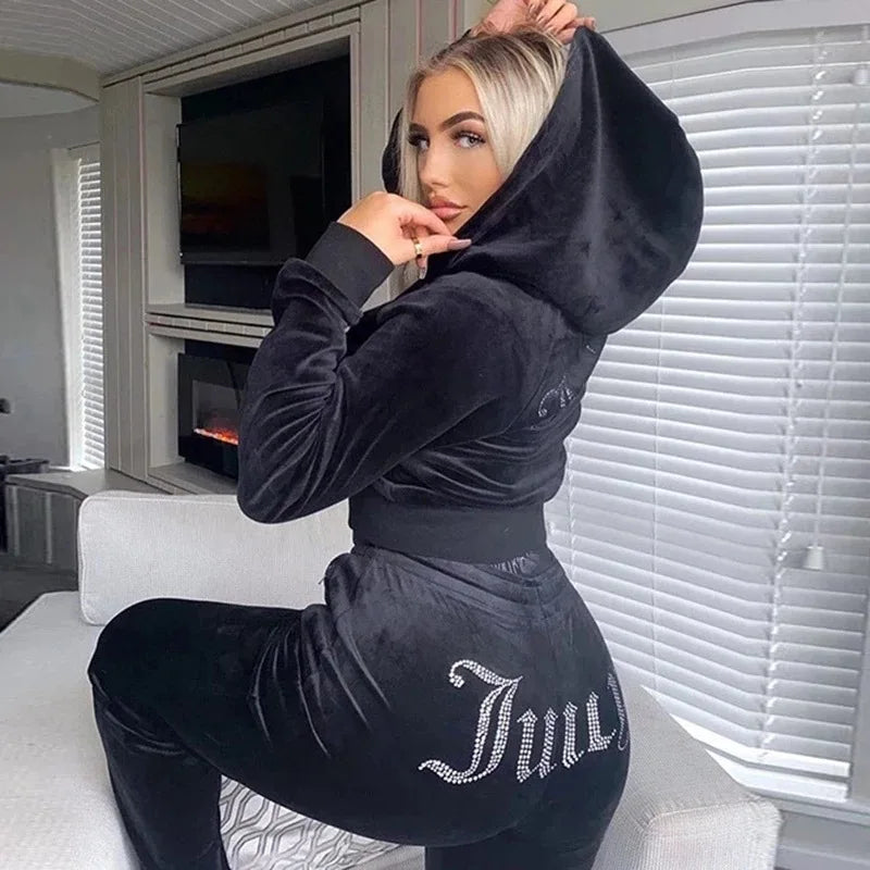 Velvet 2 Piece Pants Set Rhinestones Sweatsuits Women Sweatpants and Hoodie Two Piece Outfits Set Fall Winter Clothing for Women