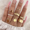 9Pcs/Set Bohemia Wholesale Ring Hanging Disc Irregular Pattern Rhinestone Pearl Beaded Gold Ring Set for Women